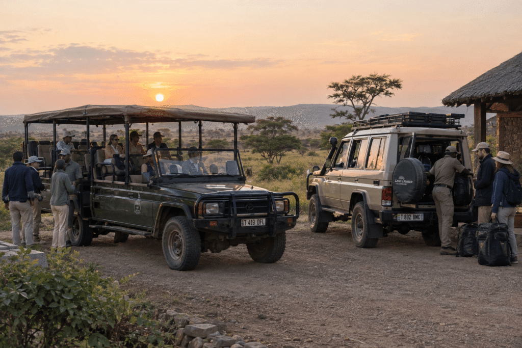 Tanzania safari packages with travelers beside shared and private safari vehicles at a lodge