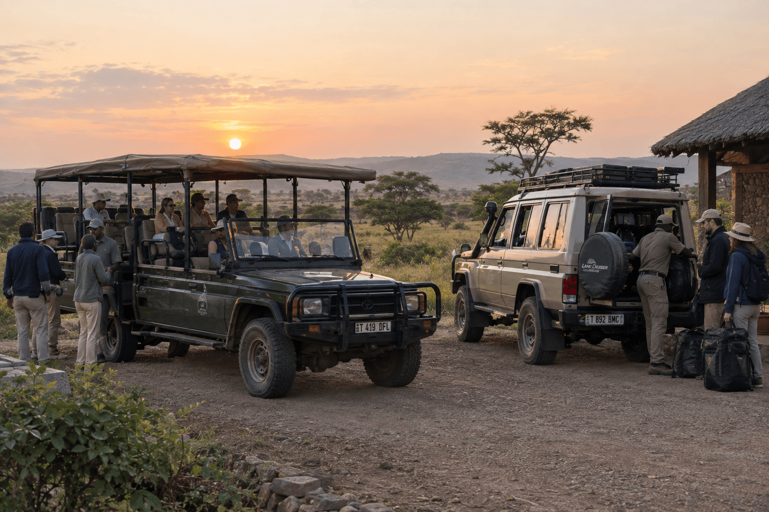 Tanzania safari packages with travelers beside shared and private safari vehicles at a lodge