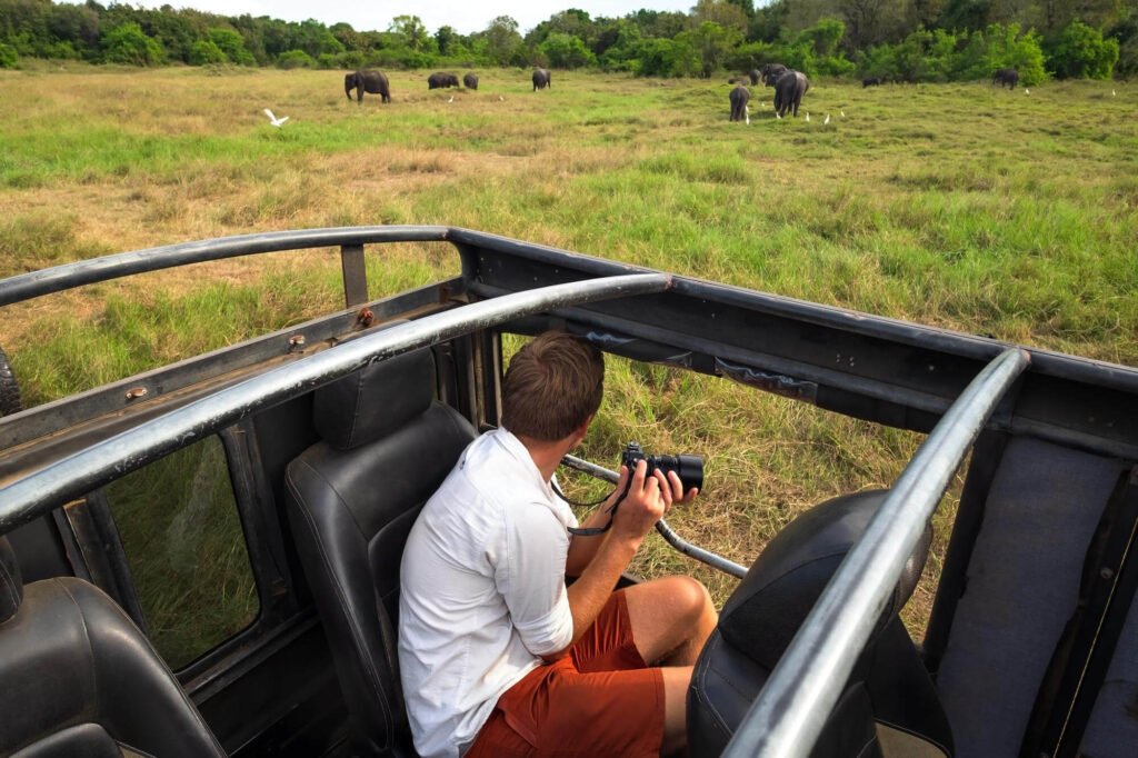 Tourist photographing elephants on a wildlife safari in Tanzania’s African grasslands.